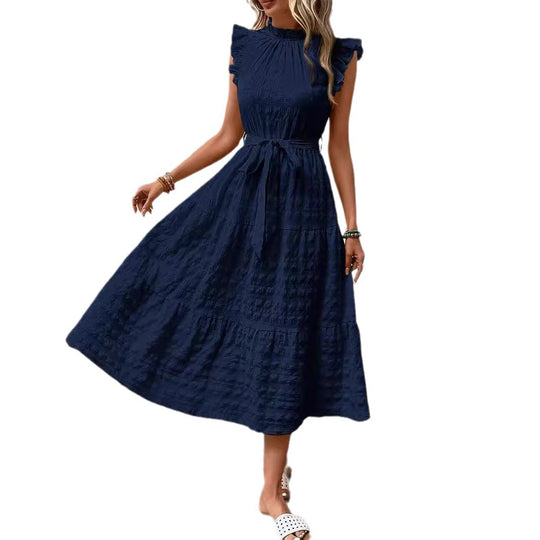 Damen Midikleid mit Stehkragen, Rüschenärmeln und Taillengürtel Shop Nory