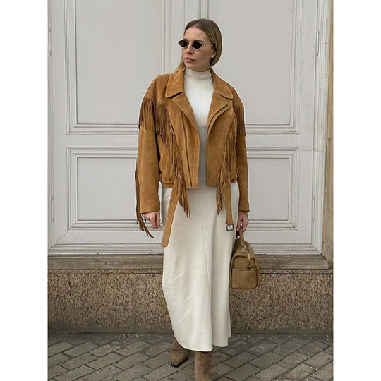 Damen Wildlederjacke mit Fransen und großzügigen Ärmeln