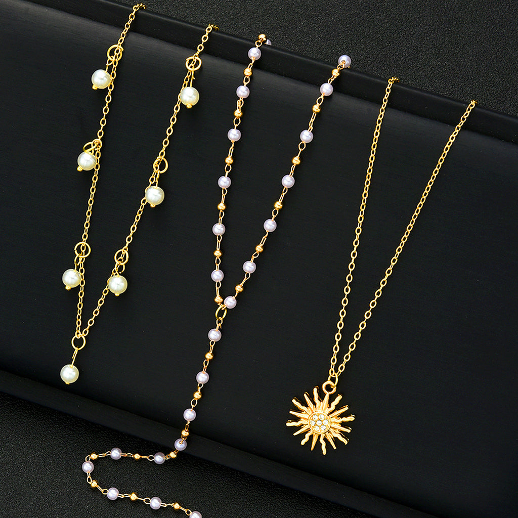 Damen Multilayer-Halskette mit strahlendem Sonnenanhänger und Perlenakzenten Shop Nory