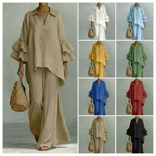 Damen Leinen-Loungewear-Set mit Volantärmeln und weitem Palazzo-Hose Shop Nory