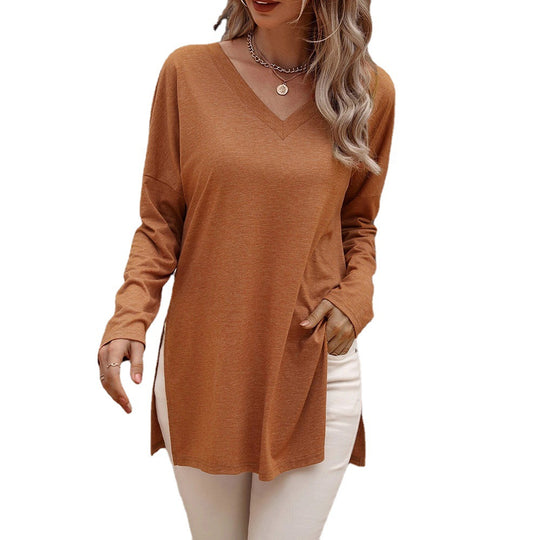 Damen lässige V-Neck Longsleeve-Tunika mit Seitenschlitzen und relaxed Fit Shop Nory