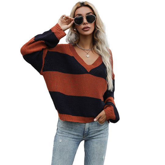 Damen Oversize-Chunky-Strickpullover mit schulterfreiem Fall, breiten Blockstreifen und geripptem Saum Shop Nory
