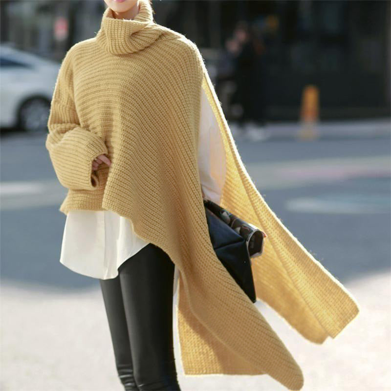 Damen Asymmetrischer Rollkragen-Poncho mit seitlichem Cape-Detail Shop Nory