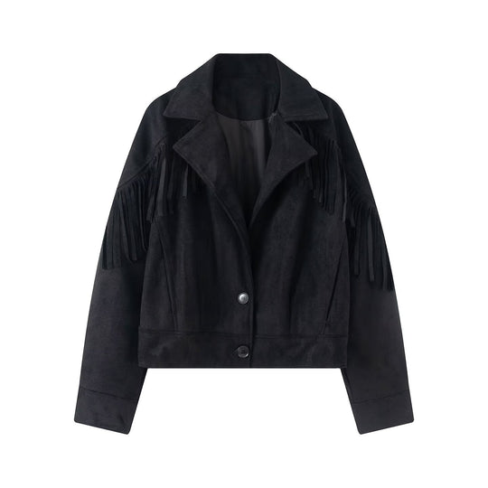 Damen Kurzjacke im Wildleder‑Look mit Fransenbesatz und Hemdkragen Shop Nory