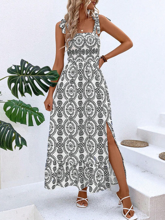 Damen Maxikleid mit Smok-Bustier, Bindeträgern und seitlichem Beinschlitz Shop Nory