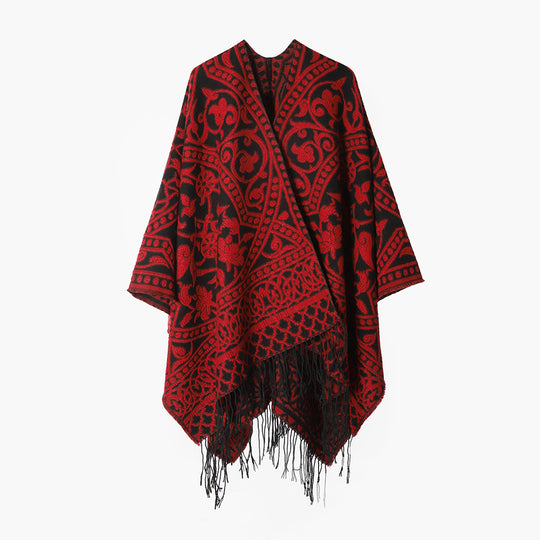 Damen Grobgewebter Rechteck‑Poncho mit orientalischem Medaillon‑Jacquard und dekorativem Fransensaum Shop Nory
