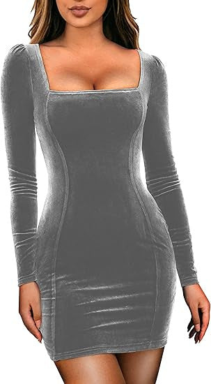 Damen Figurbetontes Samt-Minikleid mit quadratischem Ausschnitt und leichten Puffärmeln Shop Nory