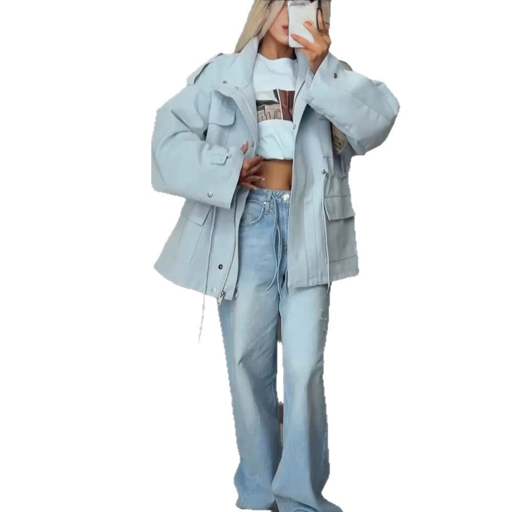 Damen Oversize Utility-Jacke mit Tunnelzugtaillierung, hohem Stehkragen und Pattentaschen Shop Nory