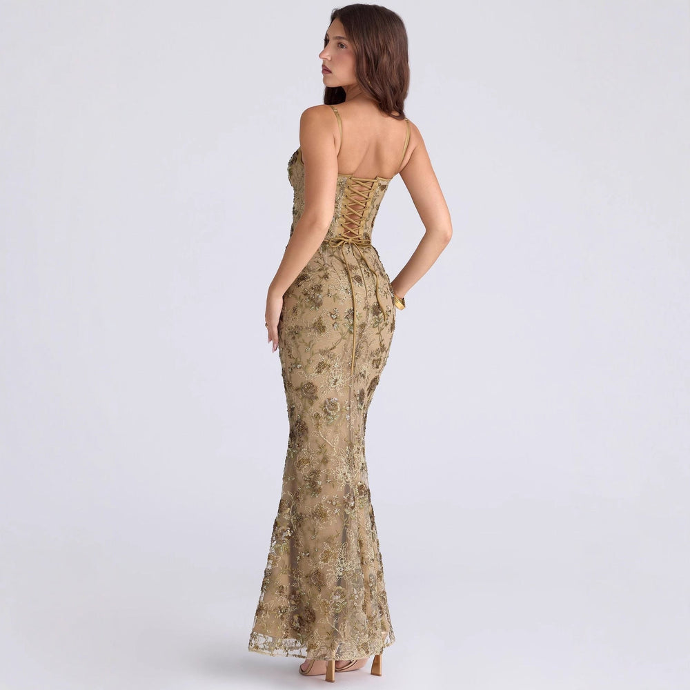 Damen nan elegantes besticktes Abendkleid mit Korsettoberteil und transparentem Spitzenüberzug
