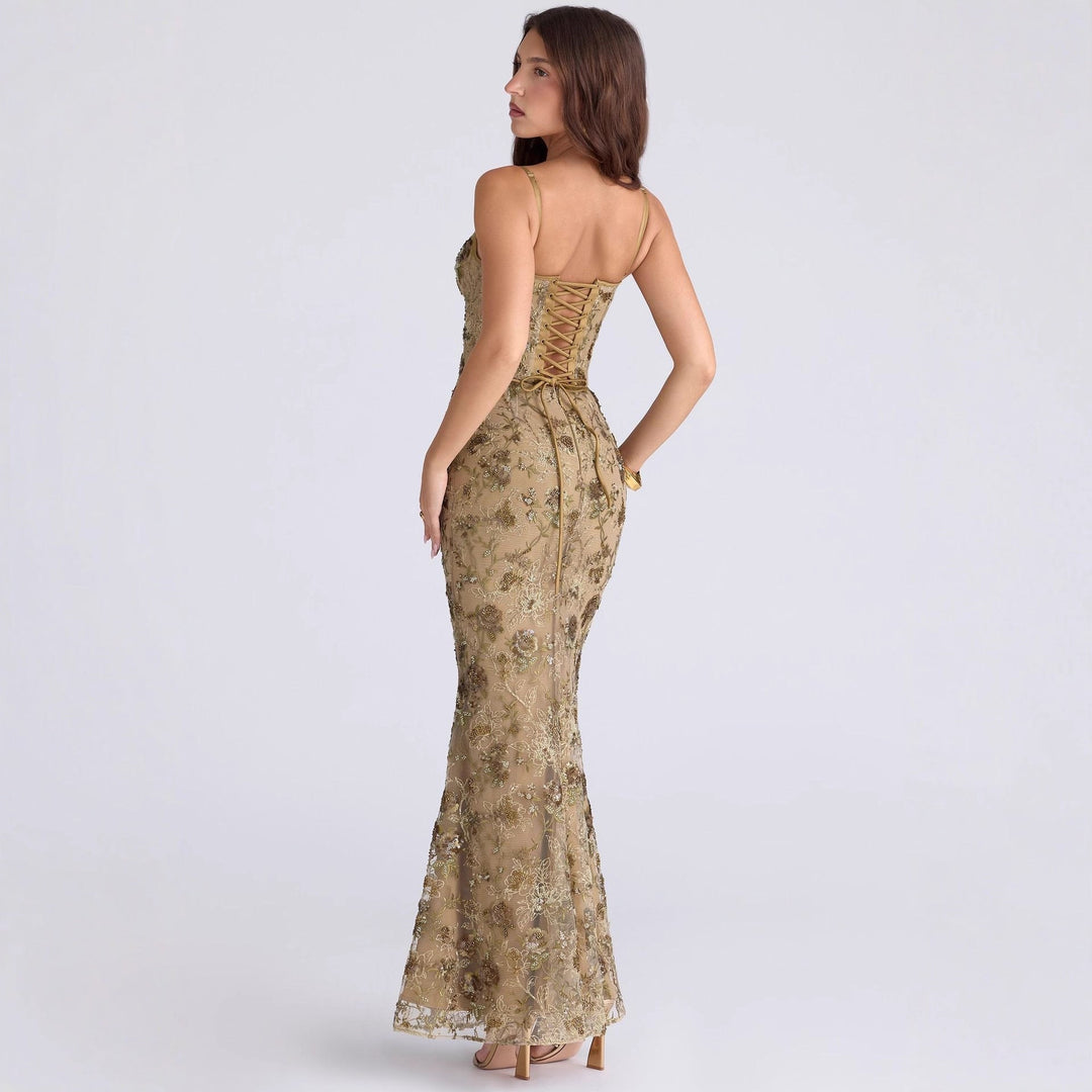 Damen nan elegantes besticktes Abendkleid mit Korsettoberteil und transparentem Spitzenüberzug