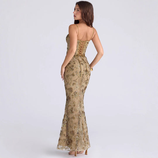 Damen nan elegantes besticktes Abendkleid mit Korsettoberteil und transparentem Spitzenüberzug