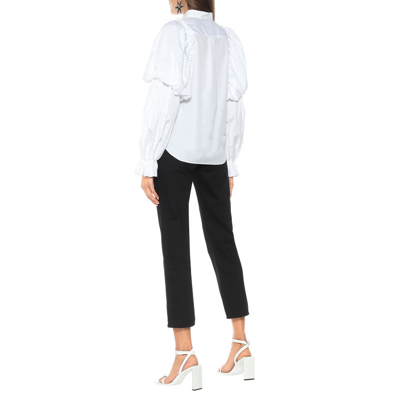 Damen Puffärmel-Bluse mit Stehkragen und Volantmanschtten Shop Nory