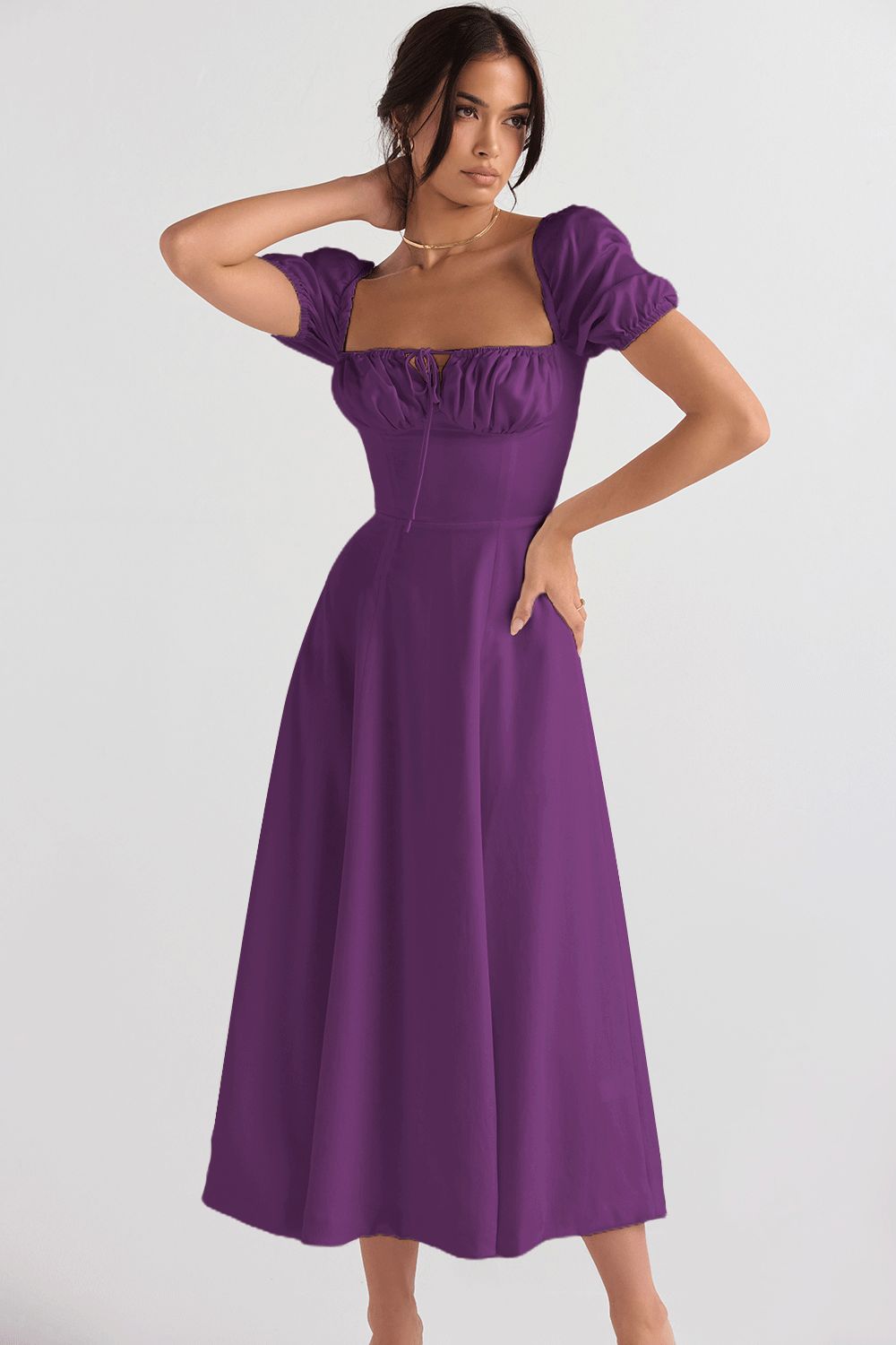 Damen Midi-Kleid mit gerafftem Oberkörper und ausgestelltem Rock