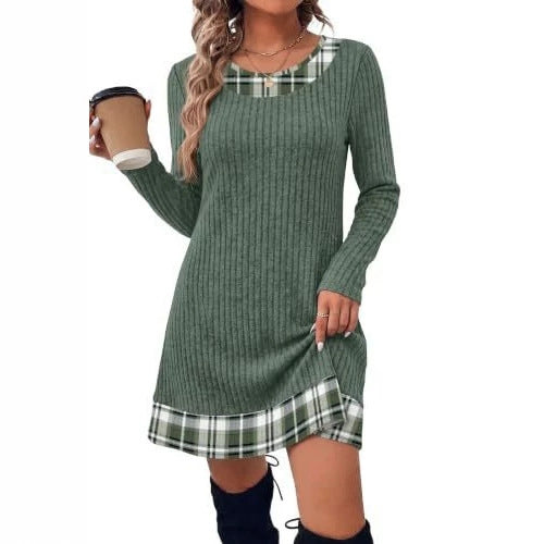 Damen Gerippte Longshirt‑Kleid mit Karierter Saum‑ und Ausschnittblende Shop Nory