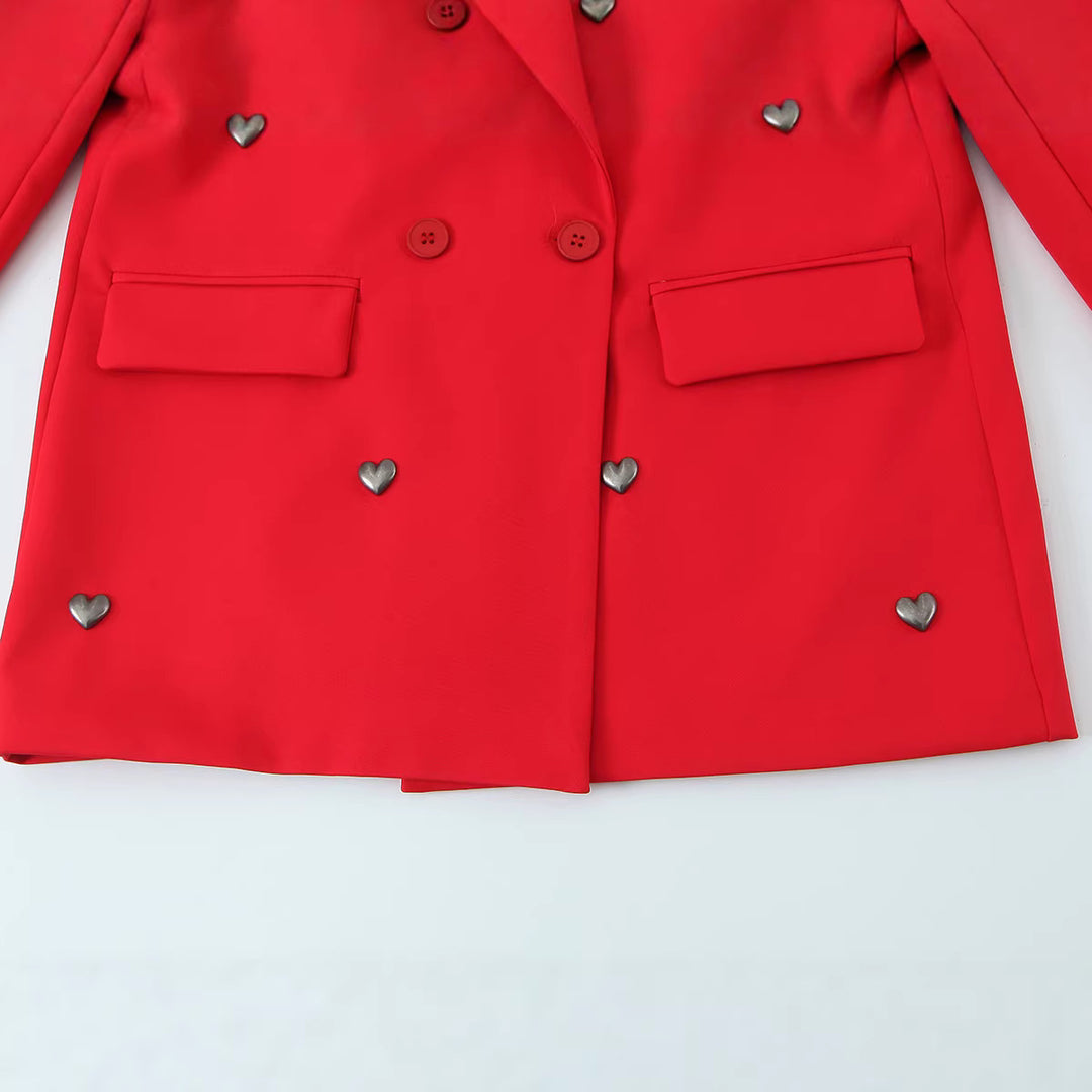 Damen Zweireihiger Blazer mit Herz‑Metalldetails und Pattentaschen Shop Nory