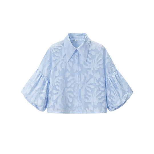 Damen Transparente Organza-Bluse mit weitem Schnitt, Volumenärmeln und Hemdkragen Shop Nory