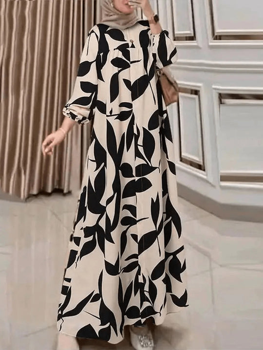 Damen Maxikleid mit lockerem A-Linien-Schnitt, weitem Fall und auffälligem Blattprint Shop Nory