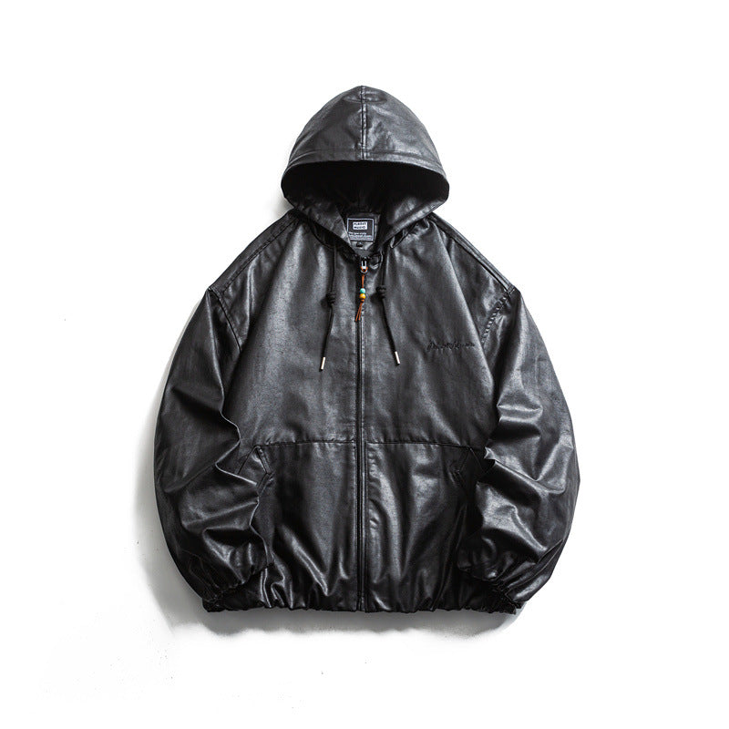 Herren Kurz geschnittene Kunstleder-Kapuzenjacke im Boxy‑Cut mit elastischem Saum und Kängurutaschen Shop Nory