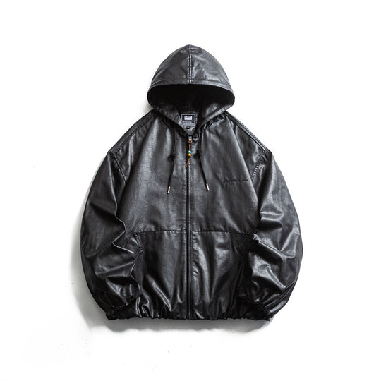 Herren Kurz geschnittene Kunstleder-Kapuzenjacke im Boxy‑Cut mit elastischem Saum und Kängurutaschen Shop Nory