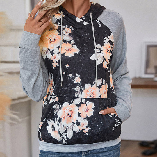 Damen Lässiger Kapuzenpullover mit floralem Print, Raglanärmeln und Kängurutasche Shop Nory