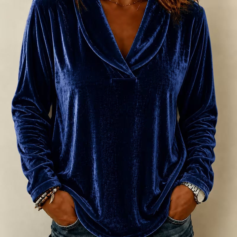 Damen Samt-Longsleeve mit tiefem V-Ausschnitt und lässigem Saum Shop Nory