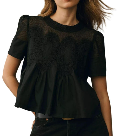 Damen Spitzenblusen-Top mit Stehkragen, Netz-Einsatz und geraffter A-Linien-Silhouette Shop Nory