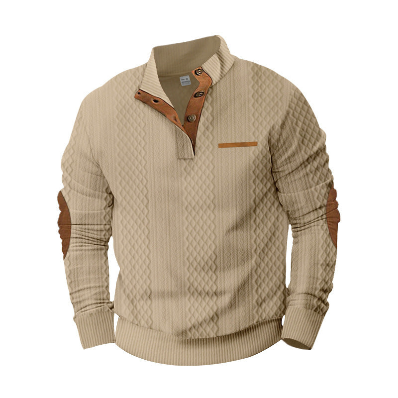 Herren nan strukturierter Stehkragen-Pullover mit halber Knopfleiste und Ellbogen-Patches Shop Nory