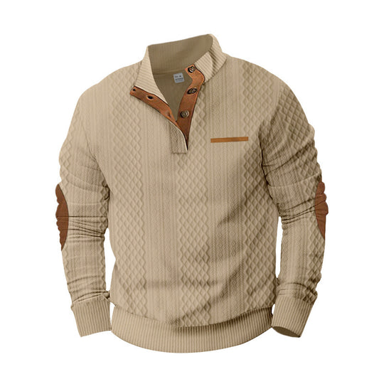 Herren nan strukturierter Stehkragen-Pullover mit halber Knopfleiste und Ellbogen-Patches Shop Nory