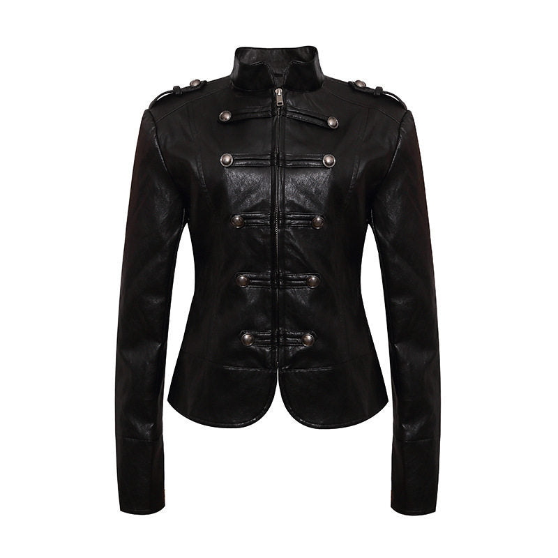 Damen figurbetonte Lederjacke im Military‑Stil mit Stehkragen und Zierknopf‑Blende Shop Nory