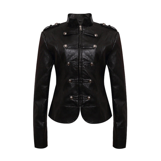 Damen figurbetonte Lederjacke im Military‑Stil mit Stehkragen und Zierknopf‑Blende Shop Nory