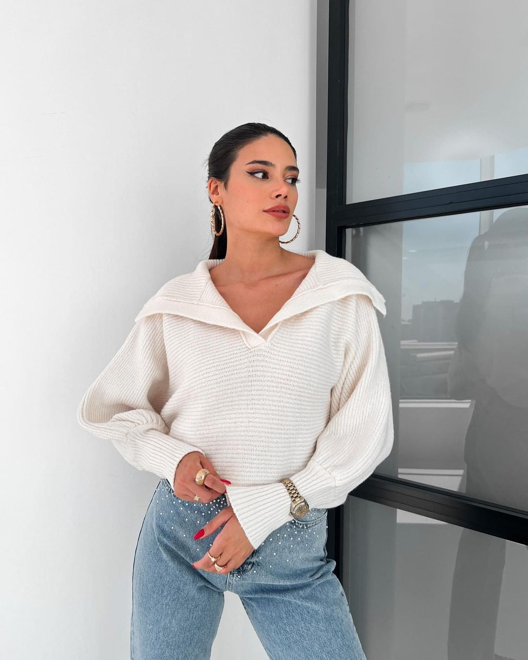 Damen Oversize Rippsweater mit Reverskragen und tiefem V‑Ausschnitt Shop Nory