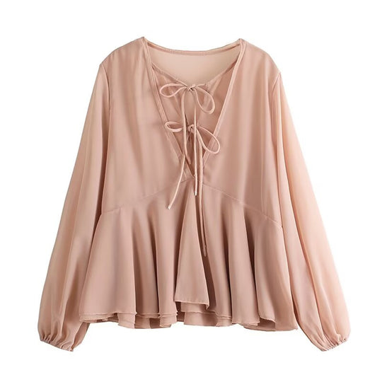 Damen Weiche Chiffonbluse mit Schnürung, V‑Ausschnitt und Volantsaum Shop Nory