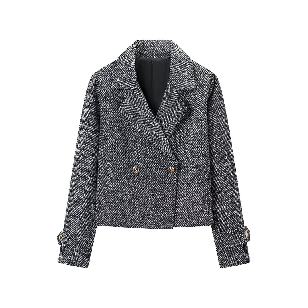 Damen Kurze Doppelreihige Fischgrät-Tweedjacke mit Reverskragen Shop Nory