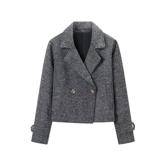 Damen Kurze Doppelreihige Fischgrät-Tweedjacke mit Reverskragen Shop Nory
