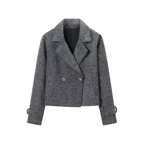 Damen Kurze Doppelreihige Fischgrät-Tweedjacke mit Reverskragen Shop Nory