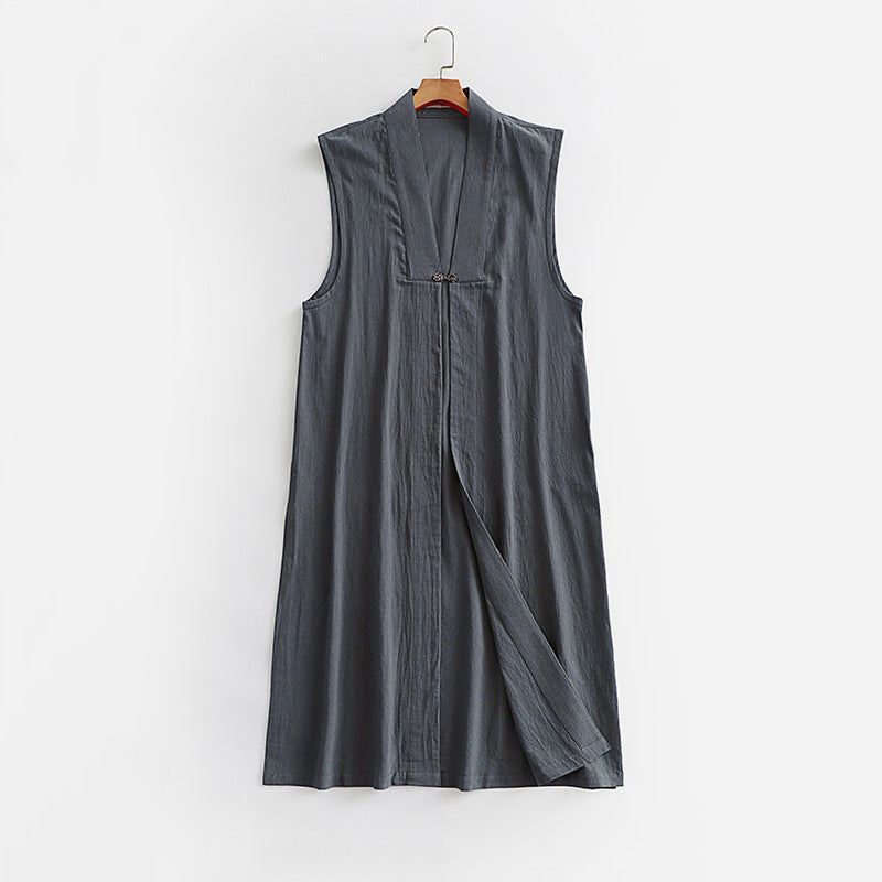 Damen Langer ärmelloser Kimono-Weste aus Leinenmix mit schmaler Schalkante und dekorativem Knebelverschluss Shop Nory