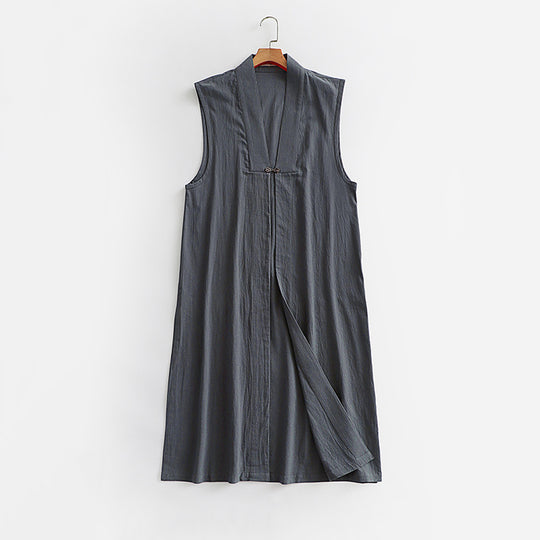 Damen Langer ärmelloser Kimono-Weste aus Leinenmix mit schmaler Schalkante und dekorativem Knebelverschluss Shop Nory