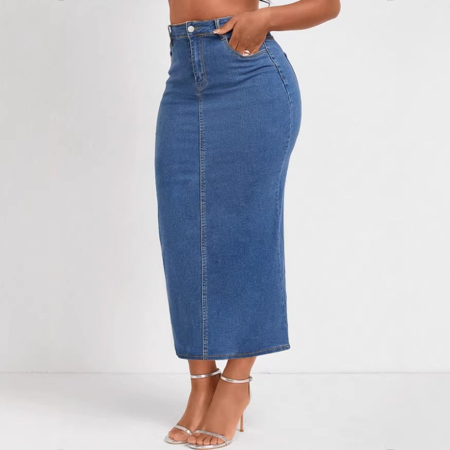 Damen Taillenhoher Stretch-Denim-Midirock mit sichtbarer Mittelnaht und Five-Pocket-Design Shop Nory