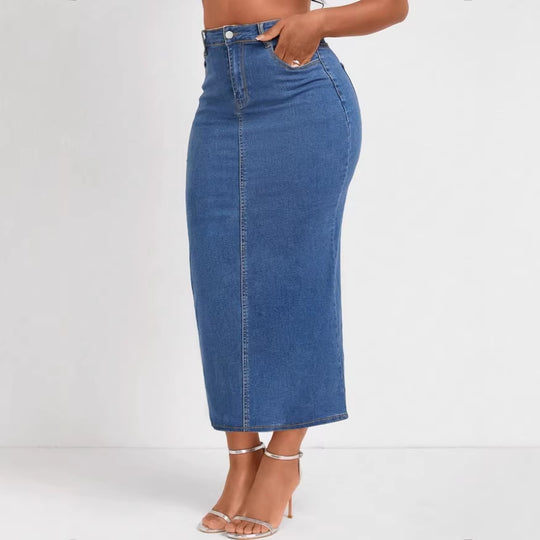Damen Taillenhoher Stretch-Denim-Midirock mit sichtbarer Mittelnaht und Five-Pocket-Design Shop Nory
