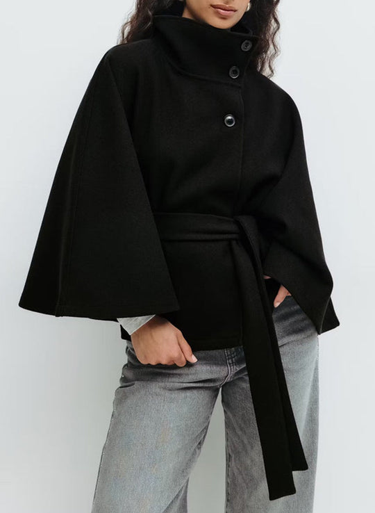 Damen modische Wolljacke mit hohem Kragen und Gürtel