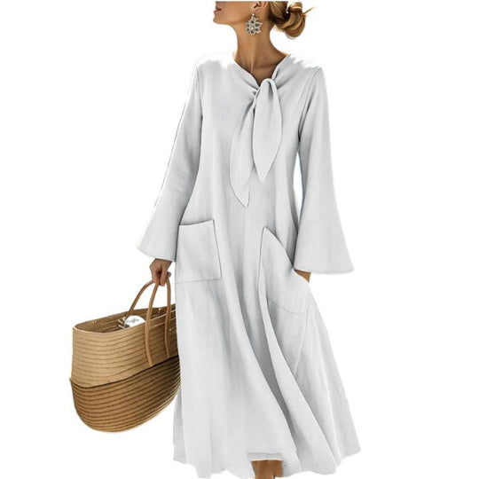 Damen Leichtes Maxikleid mit Bindeschleife, Glockenärmeln und aufgesetzten Taschen Shop Nory