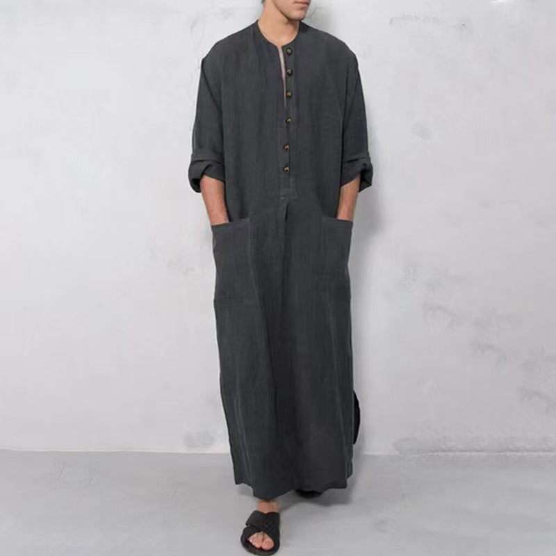 Herren nan weites langes Tunika-Kaftan aus atmungsaktivem Leinen mit Stehkragen Knopfblende und aufgesetzten Taschen