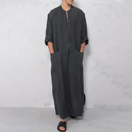 Herren nan weites langes Tunika-Kaftan aus atmungsaktivem Leinen mit Stehkragen Knopfblende und aufgesetzten Taschen
