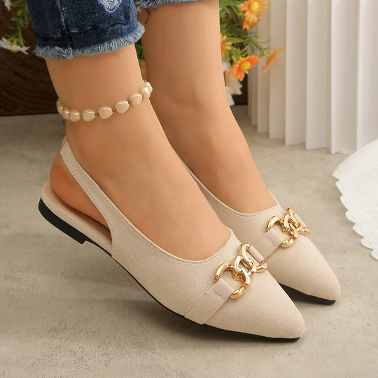 Damen Ballerinas mit Fersenriemen, spitzer Kappe und goldener Kettenverzierung Shop Nory