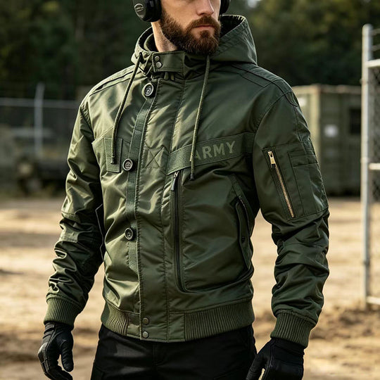 Herren Militärinspirierte Kapuzen-Bomberjacke mit Utility-Taschen Shop Nory