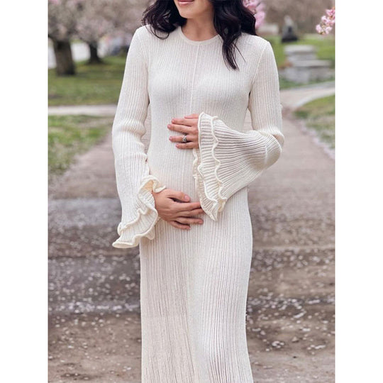 Damen Geripptes Maxikleid mit langen Ärmeln, Volantmanschetten und Rüschenabschluss Shop Nory