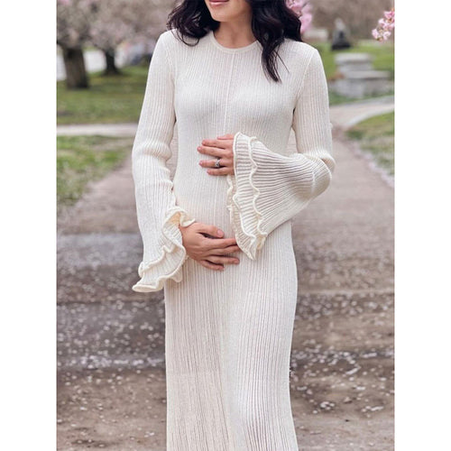 Damen Geripptes Maxikleid mit langen Ärmeln, Volantmanschetten und Rüschenabschluss Shop Nory