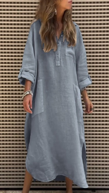Damen lässiges Midikleid mit Knopfleiste und Taschen Shopnory