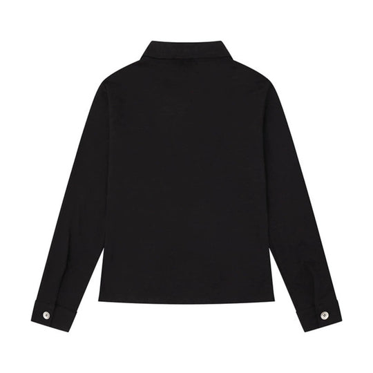 Damen Longsleeve-Poloshirt mit Kurzreißverschluss, Schulterpatten und Statement-Print Shop Nory