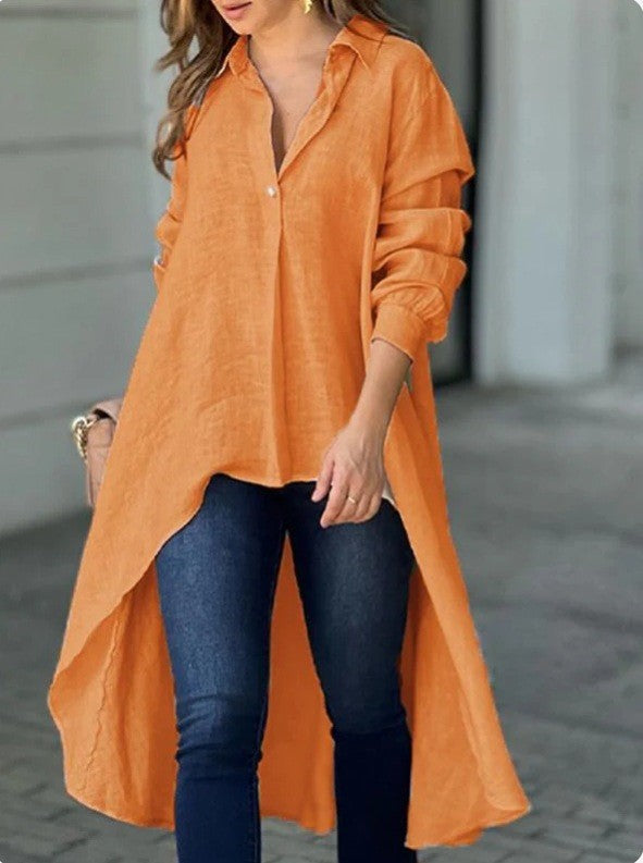 Damen Leichte Leinen‑Tunika‑Bluse mit asymmetrischem High‑Low‑Schwanz und Hemdkragen Shop Nory